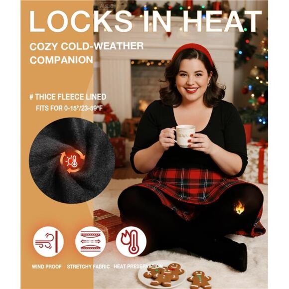 Plus Size Fleece Lined Tights, Warm Winter Thermal Pantyhose Women,/BLACK - Picture 3 of 7